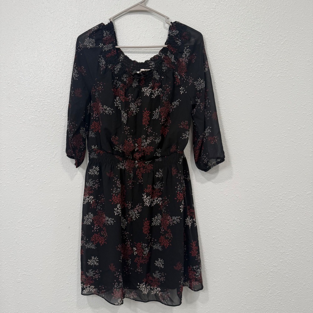 Maurices Black Floral Smocked Neck Peasant Dress Medium Red White Print Chiffon